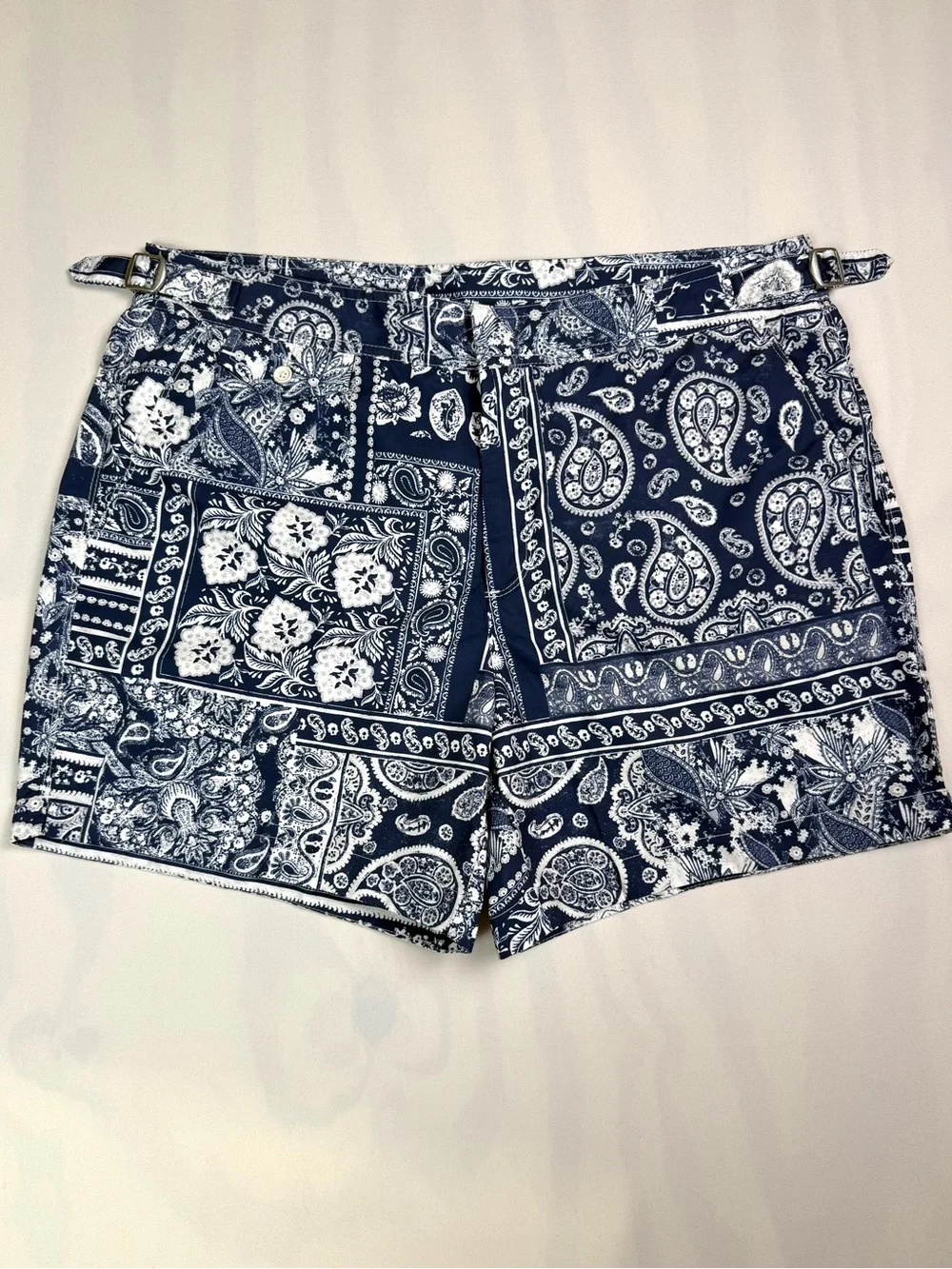 Ralph Lauren Purple Label Mayfair Swim Trunks Blue Bandana Paisley Patchwork L